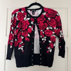 White House Black Market Black and Red Floral Cardigan